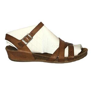 YOKONO Sandals Women's Size 7 Tan Brown Mini Wedge Strappy Shoes Buckle Summer